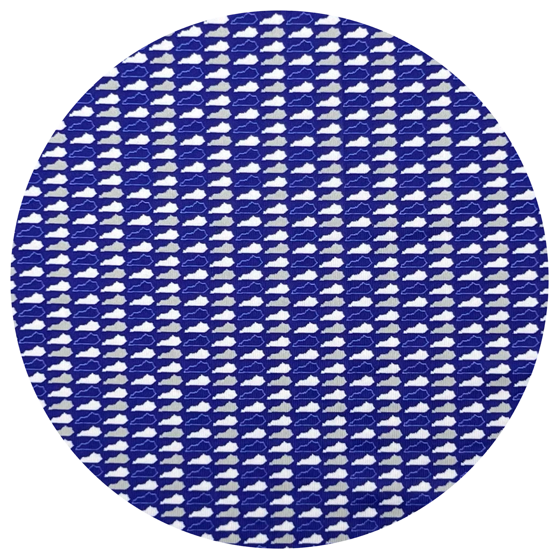 Round blue and white patterned fabric swatch